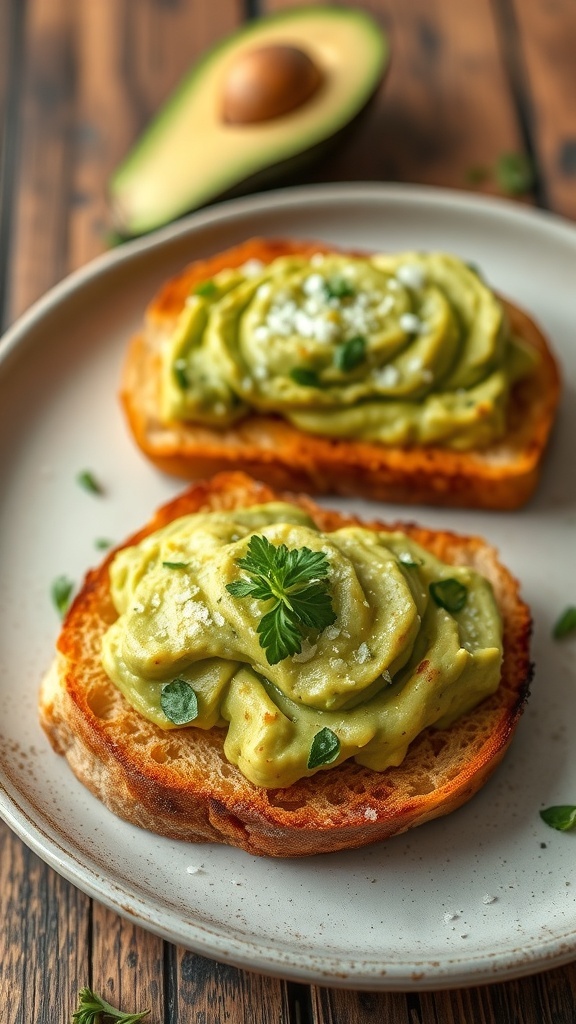Crispy sourdough bread toast topped with avocado and herbs on a rustic plate.